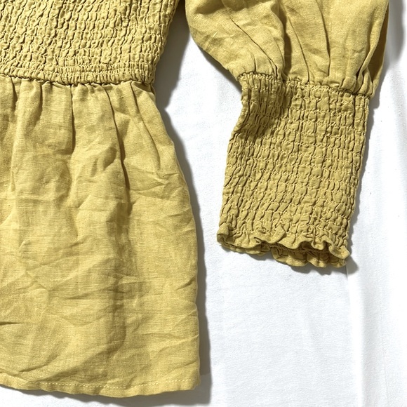 SEED HERITAGE Linen Cotton Puff Sleeve Yellow Pretty Shirred Top Blouse - Picture 7 of 8